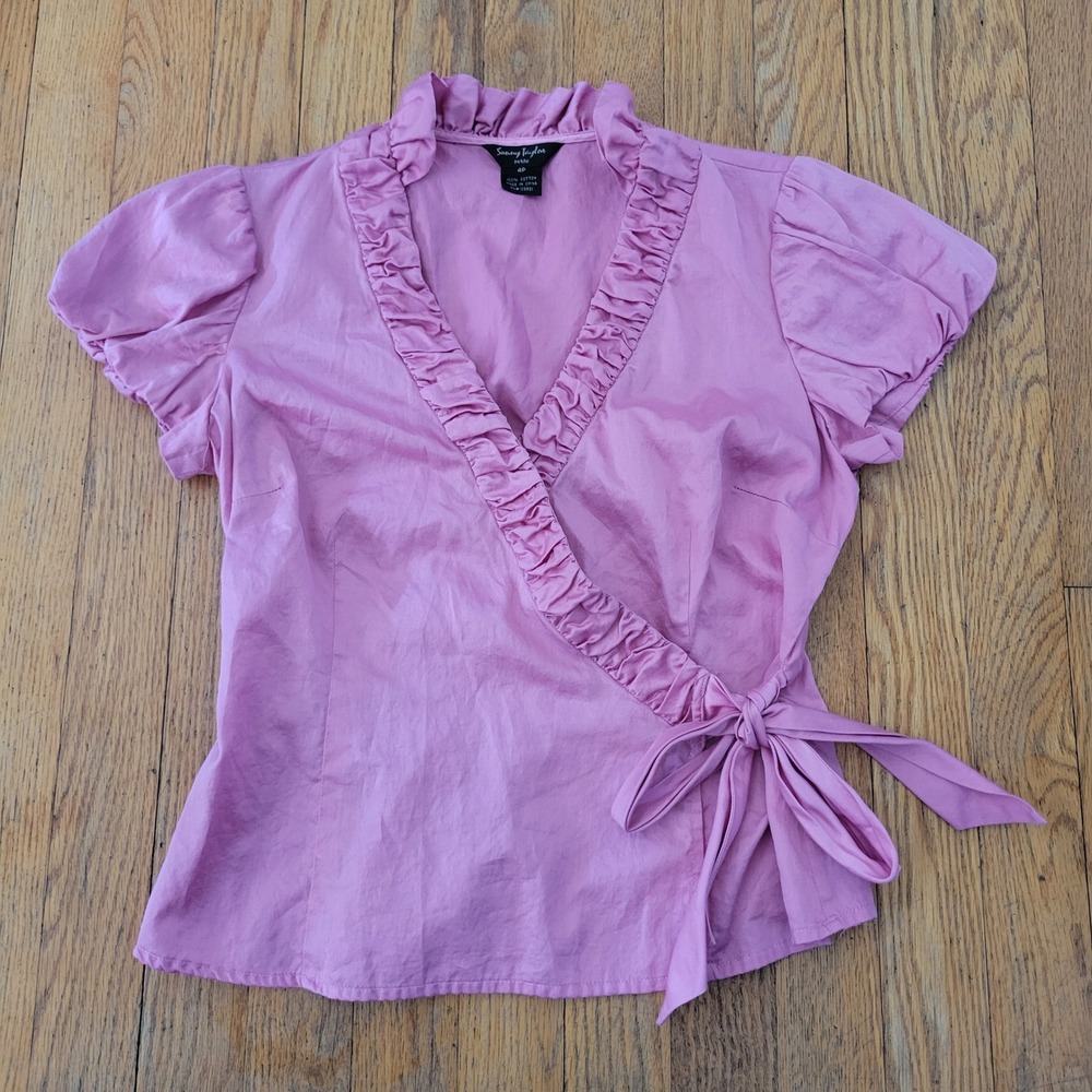 Sunny Taylor 4P Wrap Blouse Pink Ruffle Neck 90s Retro Barbiecore Coquette